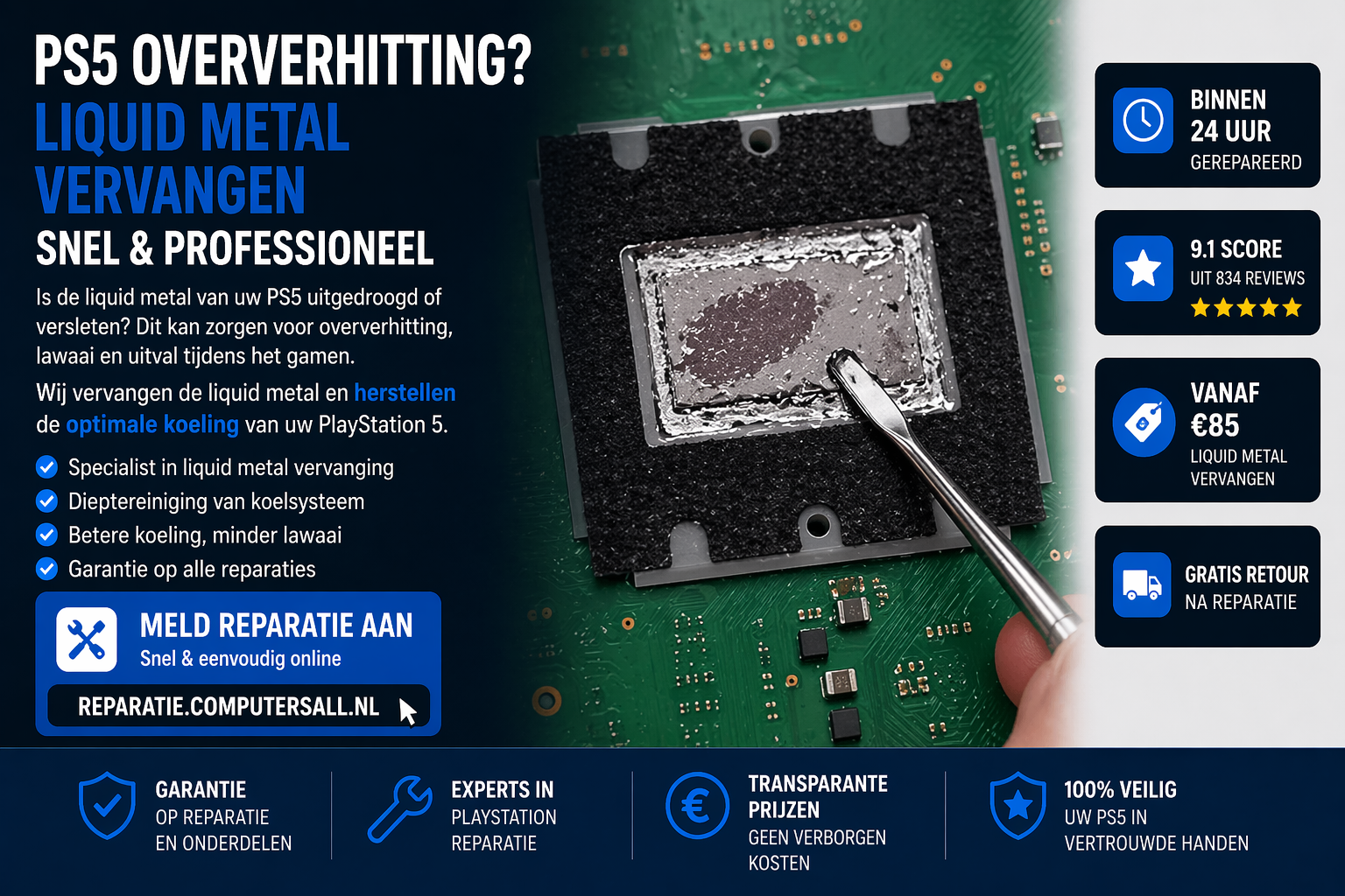 PS5 liquid metal vervangen processor koeling reparatie